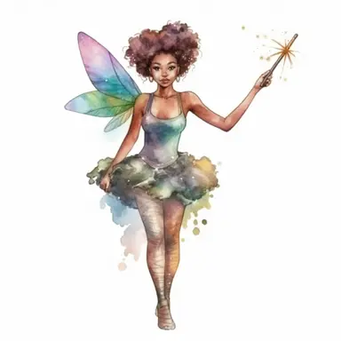 watercolor and colorful fantasy afroamerican fairy clipart, half-body, hd 4k, detailed, focused, realistic,holding a pixie wand, isolated on white background