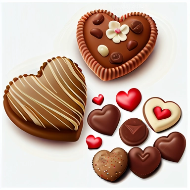 beautifully decorated, Valentine chocolate candy and heart shape cookies, clipart, vector, on white background, hyper realistic, super detailed, photorealistic