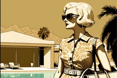 letraset clipart of a the backside of beautiful wealthy elegant 45 year old woman standing with her back to us, holding designer purse in front of a midcentury brutalist house swimming pool in palm springs, 1960's, happy, friendly, sunglasses, washingtonia palms, low camera angle, pool