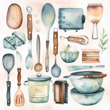 Create a watercolor clipart set of kitchen utensils and tools, including knives, spatulas, ladles, and measuring cups. Use pastel colors and subtle shading to give the images a soft, elegant look, white background