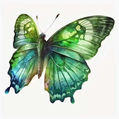 watercolor butterfly clipart, exotic flying butterfly, full green, bright color, no outlines, white background, no text