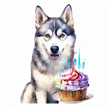 watercolor, clip art, a Siberian Husky wearing a party hat and eating cake, birthday, happy face, isolated on a white background