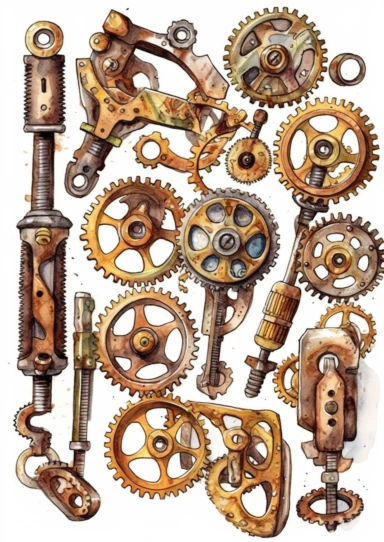 watercolor steampunk mechanical tools clipart set like WRENCH hammer, highly detailed ,clipart, hd, on white background, spaced out