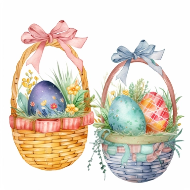 Whimsical Easter baskets with colorful eggs, grass, and ribbons, with intricate patterns and colors, watercolor png clipart on a white background