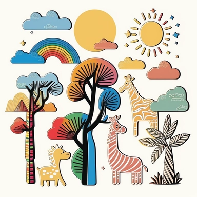 Simple vector drawing of ZEBRAS, giraffes, rainbow trees, suns, clouds, clipart, basic shapes, solid colors, joyful, doodle, sticker design, icons lineart white background