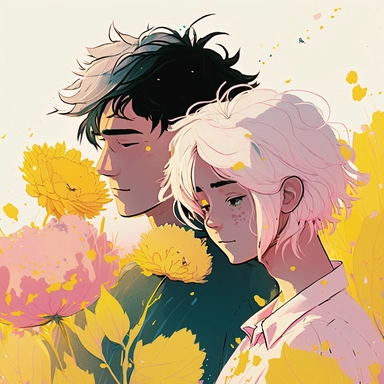 Dreamlike hyper realistic illustration of a couple in love embracing. The man has black hair. The girl is has white hair. In a field of pink and yellow flowers. Flat colors, simple lines, gorgeous lighting, graphic novel style, 2d painting, ink painting style, digital art, childrens character design, happy mood, pixar style cartoon, line work, minimalist, watercolor, 8k, PNG, clipart on white background, sticker style, studio ghibli vibe, studio ghibli style