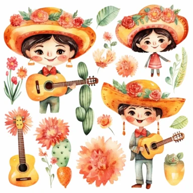 Watercolor cinco de mayo decorations, illustrations clipart set, simple, soft colors, cartoon elements, different variants, mexican hat, sugar skulls, rose, little boy, little girl separate elements with a margin