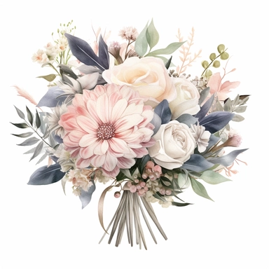 Blush Pink Bridal Bouquet Clipart: An intricately detailed watercolor clipart featuring a gorgeous bridal bouquet in Soft Blush Pink, Ivory White, and Dusty Blue flowers tied together with a Gold Accent ribbon. This piece exudes the elegance of the Eternal Elegance wedding theme.