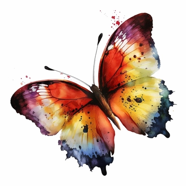 watercolor butterfly clipart, flying butterly, red, yellow, bright colors, no outlines, white background, no text