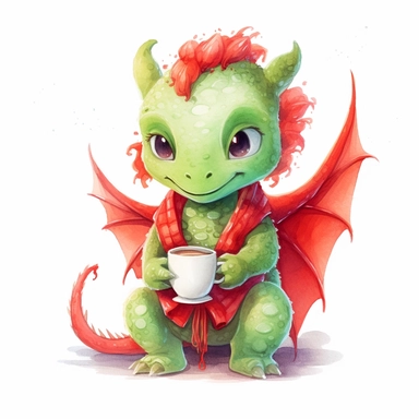 cute funny avocado green dragon, red cardigan, coffee, cute nursery painting, style by Lucy Fleming, watercolor, smooth gradients, black contour outline, ultra detailed, clipart elements, delicate pastel colors, solid white background, super clear, high quality