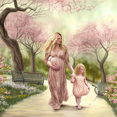 beautiful young pregnant mother with long beautiful blonde hair, toddler daughter with long beautiful hair, both facing forward, holding hands walking in park, flowering trees, path lined with benches, highly detailed, detailed face, realistic, fantasy, ethereal, soft colors, sharp focus, clipart style, fix dress