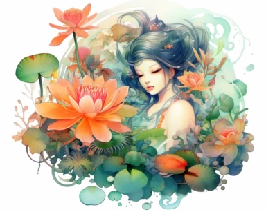 clipart of a garden scene: lotus flowers, koi pool, plants, trees, etc, white background, watercolor, vibrant pastel colors, outline, 8k, hd, ultra high quality, art by anna dittmann and nene thomas