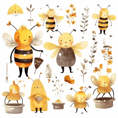 Watercolor bee kawaii cartoon clipart bundle ,Cute bee costume, Garden and flowers illustrations,hive for bees Honey drips, Beehive art WHITE BACKGROUND