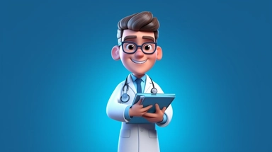 3d render, cartoon character smart trustworthy doctor wears glasses and holds blue clipboard. Professional caucasian male specialist. Medical clip art isolated on blue background. Hospital assistant