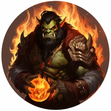 orc, male, fire mage, clipart, round token, white background