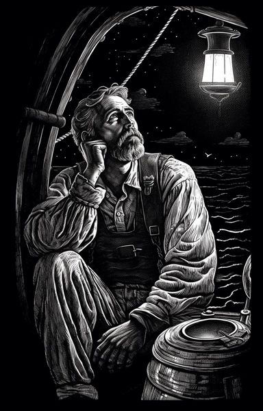the captain of the clipper ship clipart by rw harris, in the style of romantic moonlit seascapes, robert crumb, trace monotone, illustrative storytelling, winslow homer, use of light and shadow, peter sculthorpe