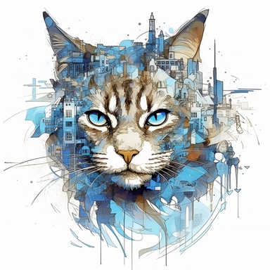 cat, Blue eyes, collage quirky cool collage city, Felis catus clipart, white contour detailed, clean line, hd, on white background, spaced out