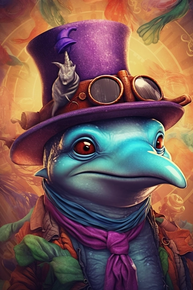 SURREAL cartoon Dolphin with his huge grin is painted in many colors,, stormy clouds in the background with large head big eyes, huge eyeglasses, wearing pointed hat , swirling colors, intricately textured, highly detailed foliage, airbrushing, layered imagery, split toning. detailed watercolor . clip art, cartoon, 8k