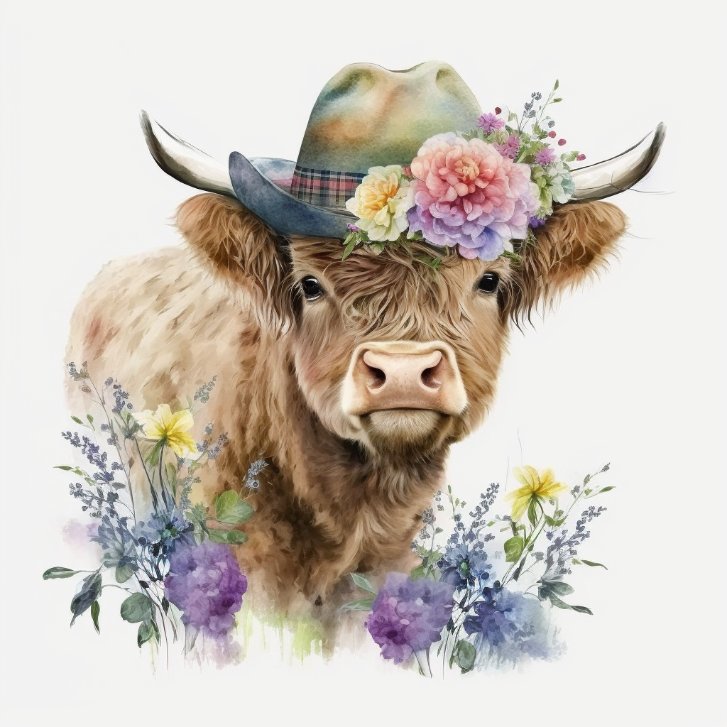 Vibrant Watercolor Clipart: Highland Calf Amidst Flowers, Wearing Hats 