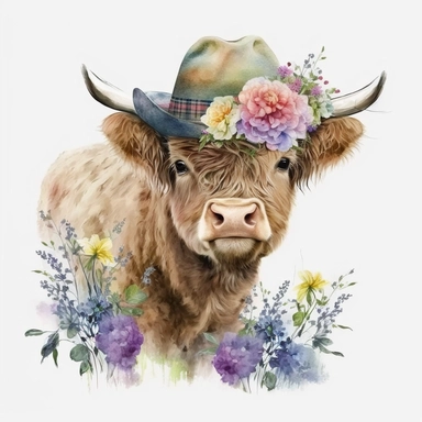 Vibrant watercolor clipart: highland calf amidst flowers, wearing hats and glasses. Playful and charming. HD. Resolution: