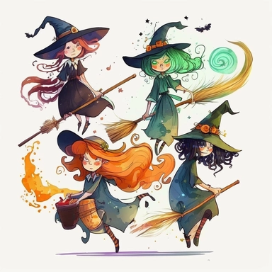 halloween witches with broomsticks. some cartoonish design and some watercolor. and some of both. white background. no tags. CLIPART!!