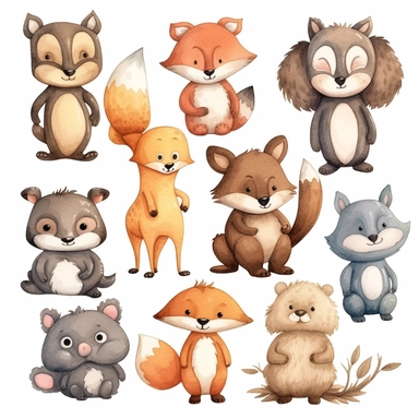 pixar style, Happy, cute, fluffy, forest animals, woodland creatures, Hand painted, watercolor, forest animals clip art, nursery decor, bear, fox, owl, hedgehog, rabbit, deer, commercial style, 8K resolution, f1.4, transparent background, cartoon style, full body, black border, digital drawing cartoon sticker, 2D