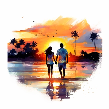 sunset, beach, clipart, watercolor, a couple