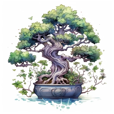 enchanted Front illumination of ultra realistic watercolor of full body of a cute mindfulness bonsai tree ,deep meaning, profound, highly detailed and realistic, insane quality, mystic, wiccan, art nouveau art style, clipart witchcore dreamcore cottagecore, good looking meditation, yoga calm, serene, healthy, white background no text, isolated on white, watercolor illustration, award winning, strong and sharp lines
