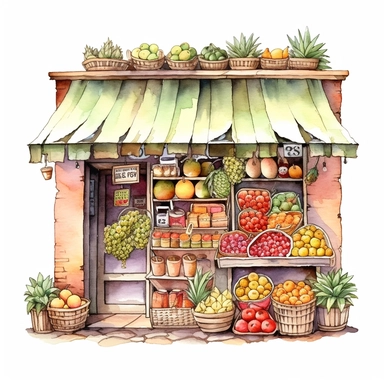 watercolor, cute fruit store, clipart