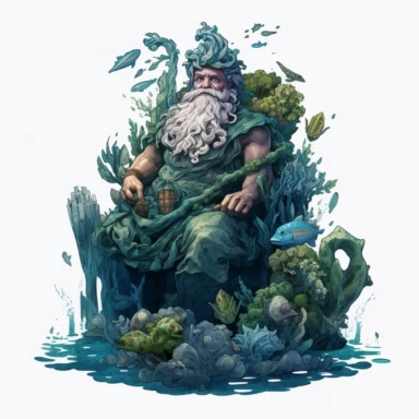 Horror style overrealistic mystical zeus statue covered mosses and seashells bottom of the sea with watercolor effect, dark blue water, dark green mosses, deep water, sea plants, coral and mussel, , random fishes, undersea details, suitable for digital clipart, white background