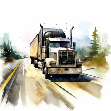 watercolour clipart of black freightliner truck driving in the highway