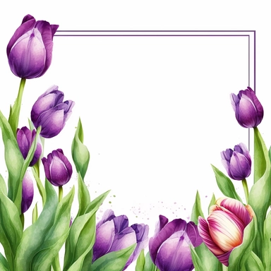 detailed vibrant watercolor rectangle purple tulip flower border with border line and with wide middle white space , isolated on white background, realistic, clipart