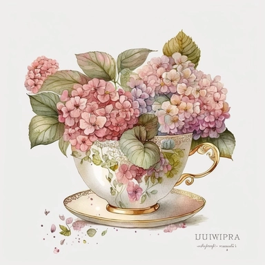 vintage teacup, pink pastel Hydrangeas inside, glitter around, white, gold, glitter, fantasy, realistic illustration, watercolor, by Dinara Mirtalipova, by Disney, by rifle paper co, bright and airy Colors, concept art, white background, clipart