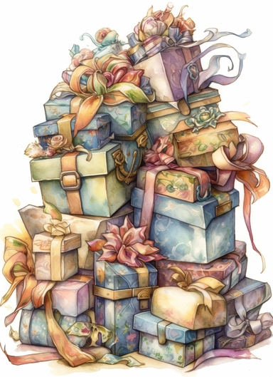 insanely beautiful pile of a few gift packages , in the style of jody bergsma, 32k uhd, hand-painted details, charming illustrations, amazing enchanted colour combinations , aquarellist, hd , white background clipart