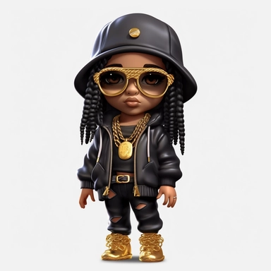 A black chibi girl is staying 3d PNG, Black hip hop girl png, Afro fashion gold chains hat fullcap gangsta girl black clipart, double Dreadlock black girl png, magic black girl