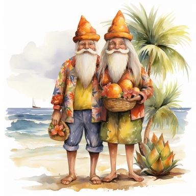 gnomes couple (man and woman) in Hawaii beach outfit, vibrant color, clipart, watercolor illustration, white background