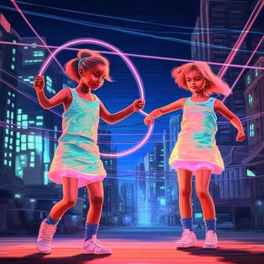 Young girls playing Classic jump rope game outside, bold colors, retro neon style, photorealistic, high-resolution photography, transparent background PNG clipart – ar 16:9