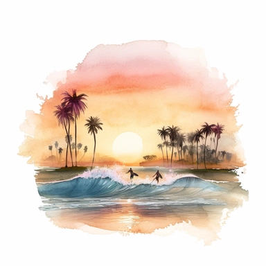 ocean view sunset, surfers riding on waves, watercolor, clipart, detailed , white background