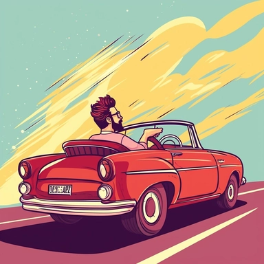 a man driving a red car clipart download vector art, in the style of realist: lifelike accuracy, light pink and dark brown, animated gifs, barbizon school, dark yellow and light purple, free-associative, text written with raleyway font: Lerne Sprachen beim Autofahren, blue background