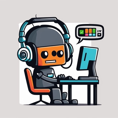Create a chatbot robot with a face on the screen wearing headphones that communicates with a human. The robot should look forward. The robot should be drawn in vector clipart graphics. The robot must consist of rectangles with rounded edges. The picture must show a person sitting in front of the robot at the computer. Use bright, contrasting colours for the robot: yellow, red, white, black. The picture should have a blue background.