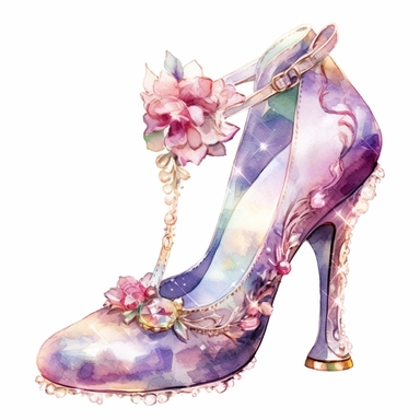 Light watercolor style, Fairycore clipart shimmery, a Glass slippers , dreamy aesthetic, pinks, purples, golds, greens, intricate, single object, print on demand image, PNG transparent background, white background for removing background - - no text shadow font watermark, 8k