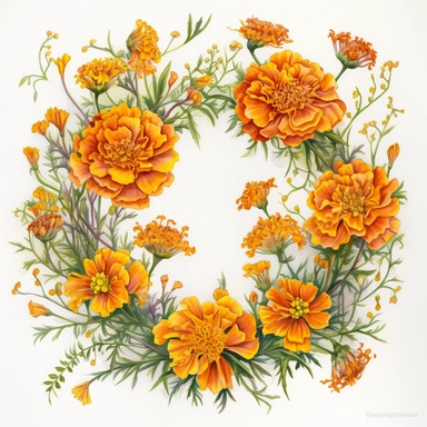 Watercolor Painting of beautiful multi - headed Marigold Wreath FLOWERS on white background DETAILED ILUSTRATION, Flora Design Patterns, Flemish Baroque by Rachel Ruysch, Behance, Rococo, Intricate Detailed, Soft Light Effect, Oil Paint Strokes, Light Academia Aesthetic Flowers, Lighting cinematic, all shown shimmering stamens, tyndall light, texture, colorful, 8k, fantasy, ray tracing, vivid, spectacular lighting, octane rendering, highly detailed, ultra - realistic, white background, clipart