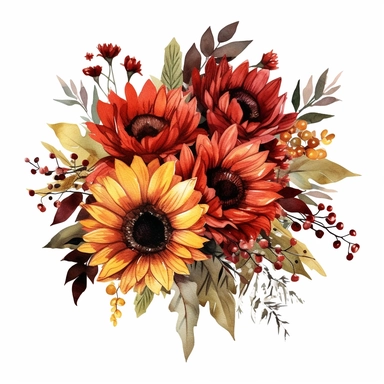 a watercolor of a sunflower wedding arrangement, cherry academy style, cherry red nuances, vector free clipart illustration, in the style of unreal engine 5, 32k uhd, detailed features, white background