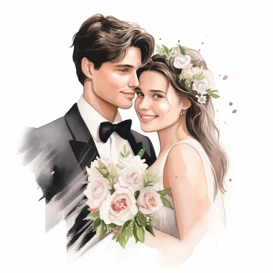 portret of a wedding pair, just married, cute family, style by Lusy Fleming, watercolor, clipart elements, smooth gradients, black contour outline, ultra detailed, white background, super clear, high quality