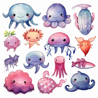 Kawaii Sea Animals, Whales, Sharks, Jelly Fish, Water color, clipart, 8k