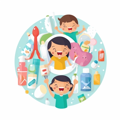 clipart of oral health, add toothbrush, dental floss, toothpaste, mouthwash, kids, white background