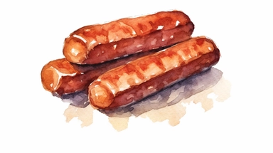 watercolor clipart of breakfast sausage, hand drawn, 45 degree arc shot, on white background, 4k, spaced out
