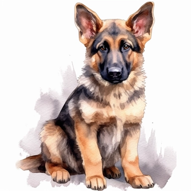 watercolour cute german shepherd dog sitting beautiful details four perfect legs and paws realistic beautiful facial features ultra detailed ultra photo real intricate detailed png image ,high definition,300dpi,graphic clipart,computer graphics