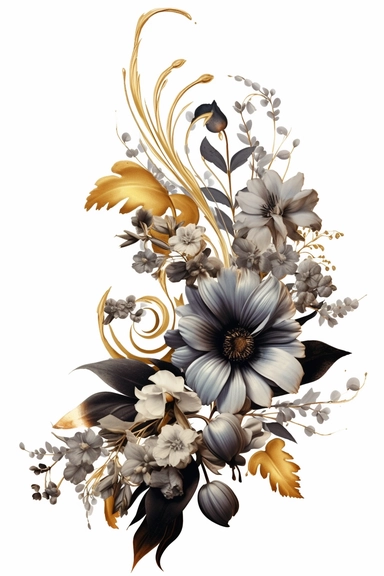flower corner freebie floral border clipart, in the style of black and white realism, gold and gray, uhd image, tattoo, monochromatic paintings, contemporary fairy tale, eye-catching detail