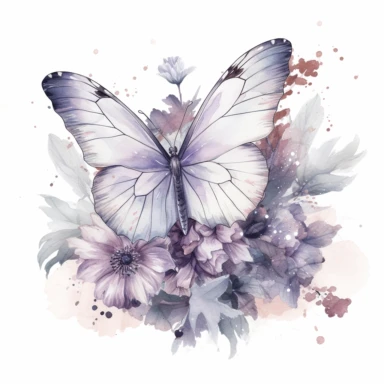 clipart, light purple butterfly on top of flowers around it, solid white background, in the style of ethereal illustrations, mende art, kimoicore, romantic emotivity, nouveau réalisme, rich and immersive, soft color, wedding theme, watercolor